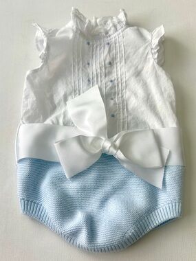 White Ruffled Baby Romper with Pintuck & Blue Embroidery.  Size 3-6M.